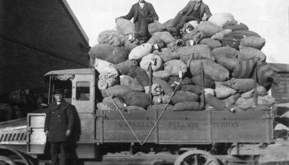 Pellavasäkkejä auton lavalla. Edessä yksi ihminen ja säkkien päällä kaksi.