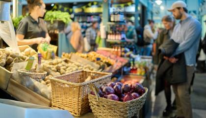 Ihmisiä Kauppahallissa Tampereen päivänä.