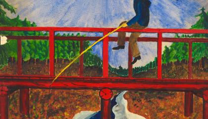 Historian Sanomat -lehden kansi, jossa on piirroskuva henkilöstä, joka kalastaa sillalta.