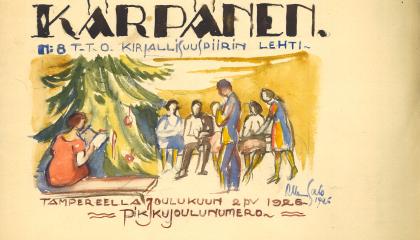 Kärpänen-lehden kansi, johon on piirretty henkilöitä ja kuusi.