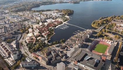 Viinikanlahden havainnekuva, näkymä koko alueesta ilmasta käsin. 