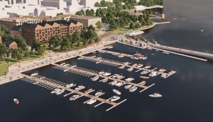 Viinikanlahden havainnekuva, näkymä satamasta yläperspektiivistä.