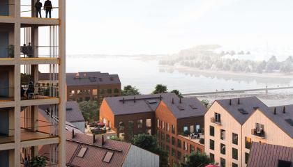 Havainnekuva Viinikanlahdesta kattoperspektiivistä.