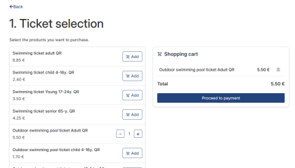 Screencapture of sport services online shop. Ticket in shopping cart.