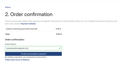 Screencapture of sports services online shop. Order confirmation.