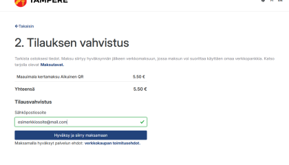 Ruutukaappaus liikunnan verkkokaupasta, tilauksen vahvistus ja sähköpostiosoitteen kirjoittaminen.