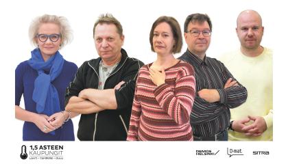 Viisi henkilöäö seisoo ja katsoo kameraa.