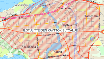 Ilotulitteiden käyttökieltoalue Tampereen ydinkeskustassa.