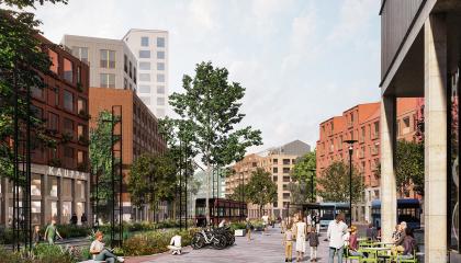 Kuvassa rakennuksia, ihmisiä ja raitiovaunu. Hahmotelma Hiedanrannan vision mukaisesta rakentamisesta.