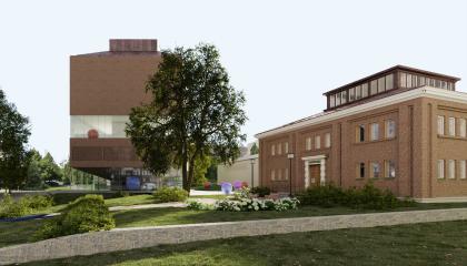 Valokuvassa etualalla vanha taidemuseorakennus ja taustalla havainne uuden suunnitelman mukaisesta rakennuksesta.