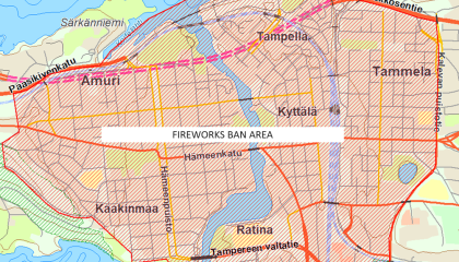 Map of fireworks ban area in Tampere city center.