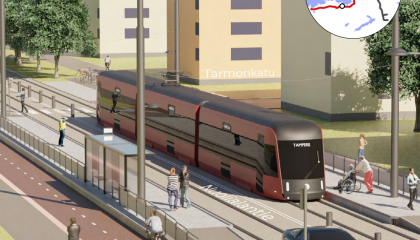 Havainnekuva Härmälänrannan raitiotiepysäkistä Nuolialantiellä.