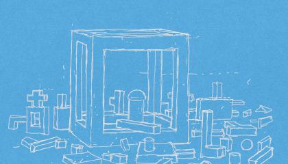 Sinivalkoisessa grafiikan vedoksessa on erilaisia kantikkaita ja pyöreitä palikoita.