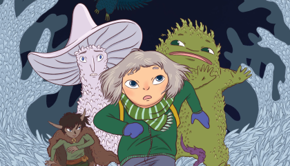 Piirroskuva, jossa etualalla juoksee tyttö, taka-alalla satuhahmoja. Piirroshahmojen yläpuolella teksti Loputon talvi.