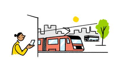 Henkilö odottaa pysäkillä lähestyvää punaista ratikkaa, taustalla bussi.