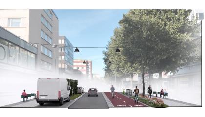 Kuvassa pyöräilijöitä ja kävelijöitä vasemmalla, autoja oikealla kadulla ja pysäkoitynä.