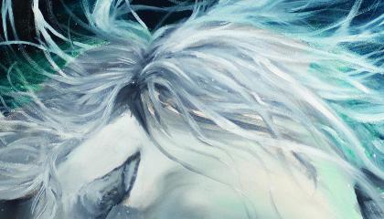 Osa Halla Hannelin teoksesta, jossa on valkoinen hevonen mustalla taustalla.