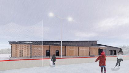 Arkkitehdin havainnekuva suunnitelma Kalevan liikuntapuiston puuverhoillusta huoltorakennuksesta, kuvan näkymä jääkiekkokaukalon suunnasta ja edustalla luistelijoita jäällä..
