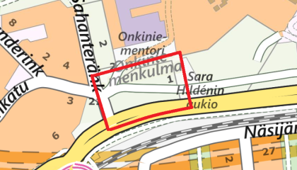 Onkiniemenkulman johtosiirtojen urakka kartalla Sahateränkadun ja Onkiniemenkadun kulmauksessa.