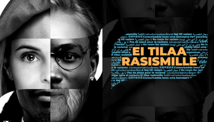 Mustavalkoiset kasvot kuvassa, vasemmalla kuvassa näkyy osia nuoren naisen ja oikealla puolella nuoren miehen kasvoista. Tekstissä lukee Ei tilaa rasismille.