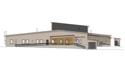 Arkkitehdin suunitelmakuva Tahmelan päiväkodista, joka tulee olemaan pääosin vaaleaksi maalattua puuta. 