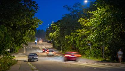 Valoja kadulla iltavalaistuksessa, vihreitä puita.