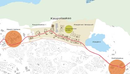 Kartalla kaavahankkeen sijainti, raitiotie ja Linnainmaan ja Kaupin keskukset.