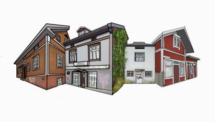 Piirros, jossa monta vanhaa kaksikerroksista puurakennusta vierekkäin. 