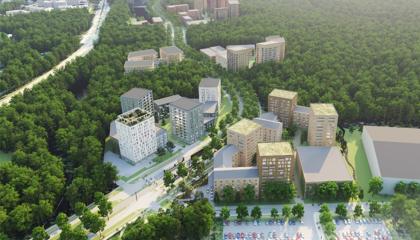 Kuvassa metsäisten aluieden lomassa asutusta, uusi aluen tien pohjoispuolella.