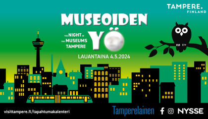 Vihreällä taustalla vihreitä ja mustia rakennuksia, joiden ikkunoissa on valot. Edessä puunoksalla istuu pöllö. Teksti Museoiden yö ylhäällä keskellä.