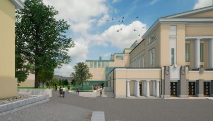 Kuvassa teatterin rakeannusta Keskustorin suunnasta uutta osaa taustalla keskella ja osa kirkon tapulia.