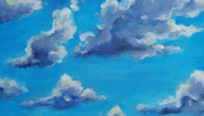 Maalauksessa on kirkkaansinisellä taivaalla pilviä. 