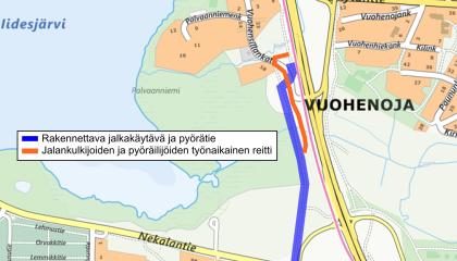 Vuohenpellon kävely- ja pyörätien väylätyö kartalla.