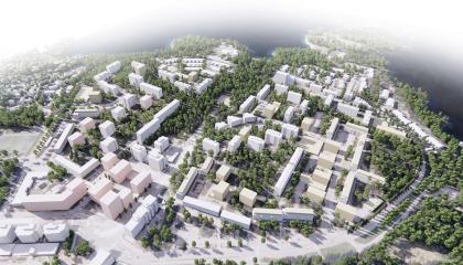 Kuvassa maisemaa ja valkoisia talojen hahmoja metsän keskellä.