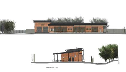 Havainnekuvassa suunnitelmapiirrokset Lielahden liikuntapuiston huoltorakennuksesta, josta tulee punaruskea yksikerroksinen rakennus.