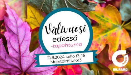 Syksyn värikkäät lehdet. Välivuosi edessä -tapahtuman logo. Ohjaamo Tampereen logo.