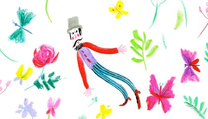 Kuvan keskellä on värikäs ja pitkä piirroshahmo ja reunoilla piirrettyjä kukkasia ja perhosia.