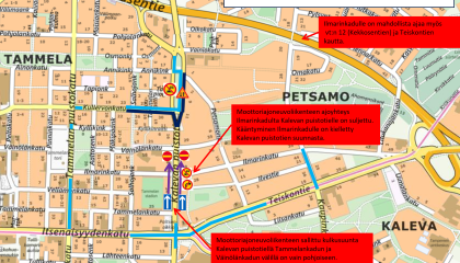 Karttakuva Tampereen Tammelasta, jossa punaisia korostuksia.