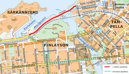 Paasikivenkadun sulku Mustanlahden ja Ranta-Tampella kartalla.