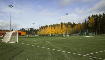 Jalkapallokenttä, taustalla rakennuksia ja metsää.