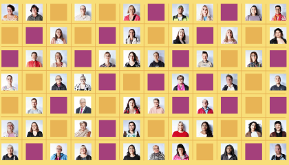 Kuvakollaasi, jossa on ihmisten kasvokuvia sekä keltaisia ja fuksianpunaisia ruutuja.