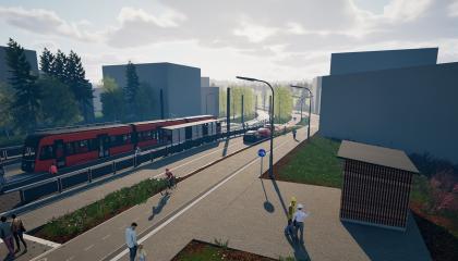 Kuvassa vasemmalla metsää, rakennusten hahmoja raitiotien ja kadun kahdella puolen, raitiovaunuja.