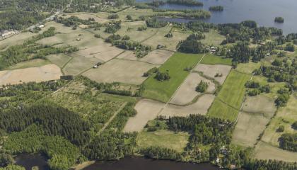Ilmakuva Nurmi-Sorilan alueesta, jossa peltoja, metsää ja järvinäkymää