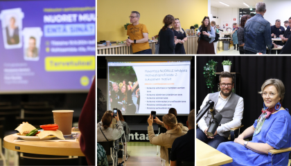 Kuvakollaasi Nuoret muuttuu entä sinä? -tapahtumasta. Kuvassa näkyy aamupala, ihmisiä odottamassa tilaisuuden alkua Kohtaamisia.-tilassa, yleisö ottamassa valokuvia diaesityksestä sekä esiintyjät Marjaana Herlevi ja Pasi Rautio.