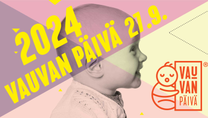 Hymyilevän vauvan sivuprofiili. Teksti. 2024 Vauvan päivä 27.9.