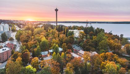 Näsinneula auringonlaskulla sekä puita ja taloja edustalla 