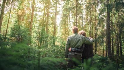 Kaksi henkilöä vihreässä metsässä katsovat kaukaisuuteen.