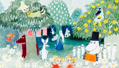 Piirros, jossa muumihahmot juhlivat puutarhassa. 