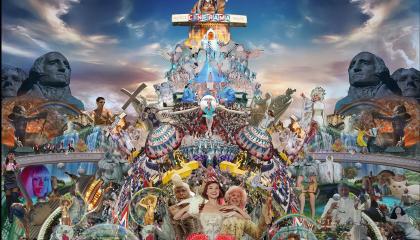 Värikäs ja yksityiskohtainen kollaasi, jossa on mukana ihmisiä ja esineitä.