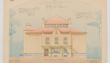 Rakennuspiirustus kolmikerroksisesta rakennuksesta. Kuvassa on myös tekstiä.